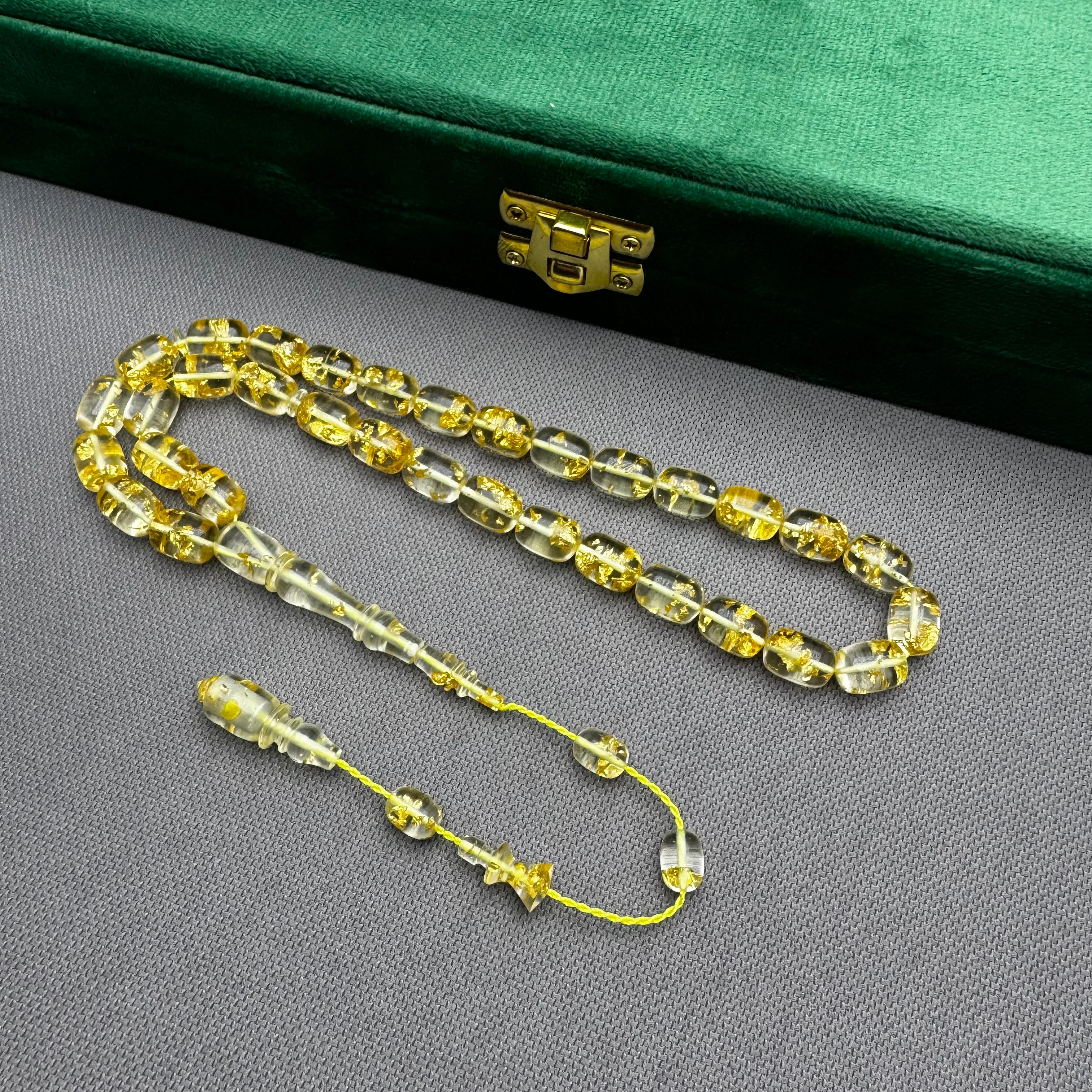 Muhammed ERDEN Usta İşçilikli Özel Döküm Altın Parçacıklı Uçak Camı Tespih